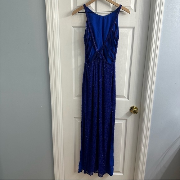 Vintage Prom Dress Formal Long Silk Beaded Open Back Blue Leg Slit Event Small - Picture 6 of 9